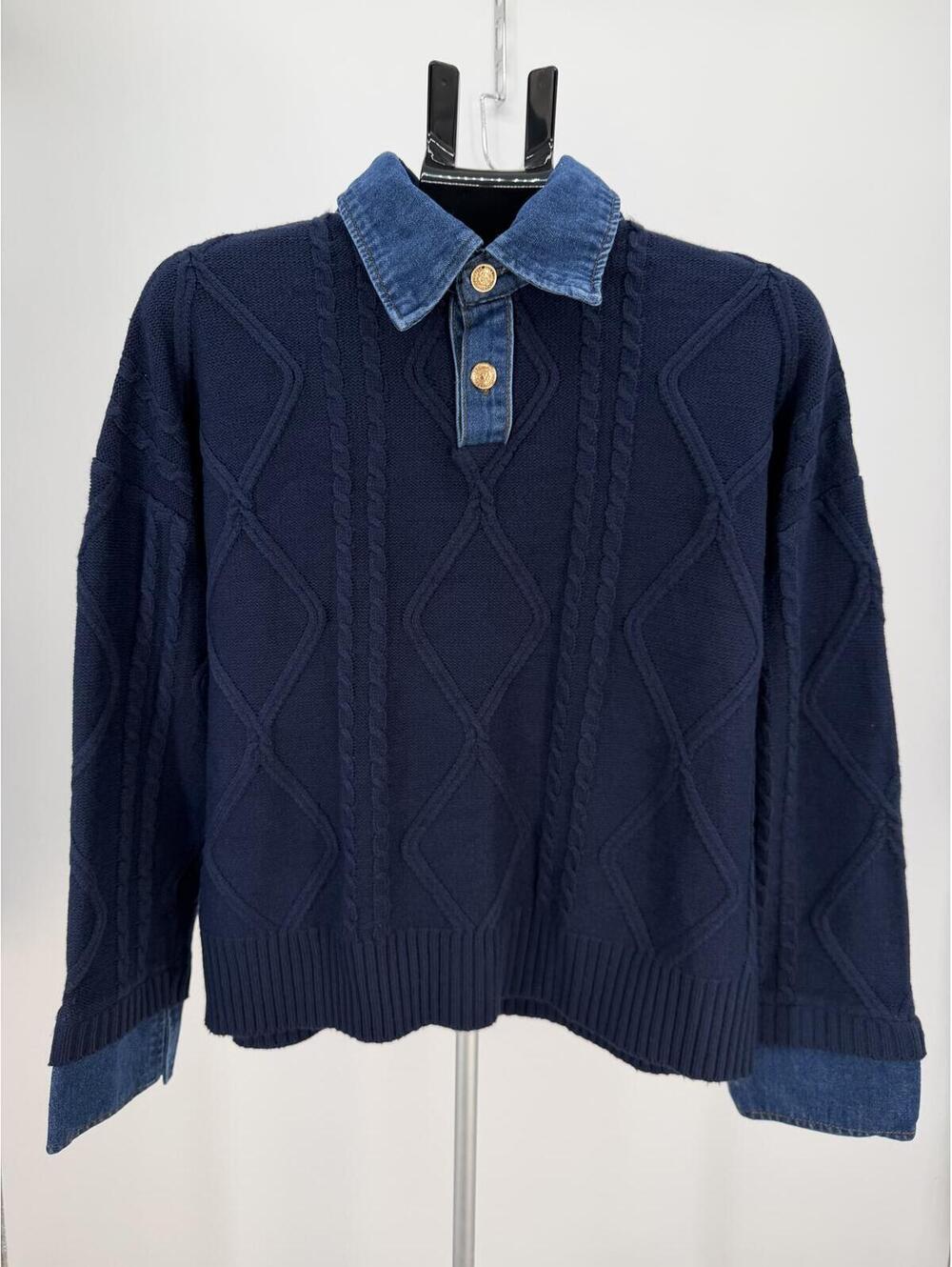 Navy Cable Knit Sweater with Denim Collar Size M Classic Casual